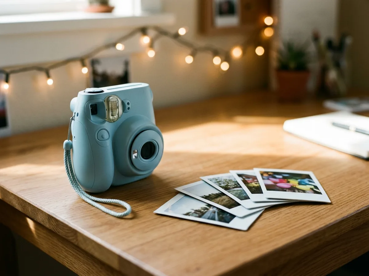 Instant print camera with a fan of photo prints