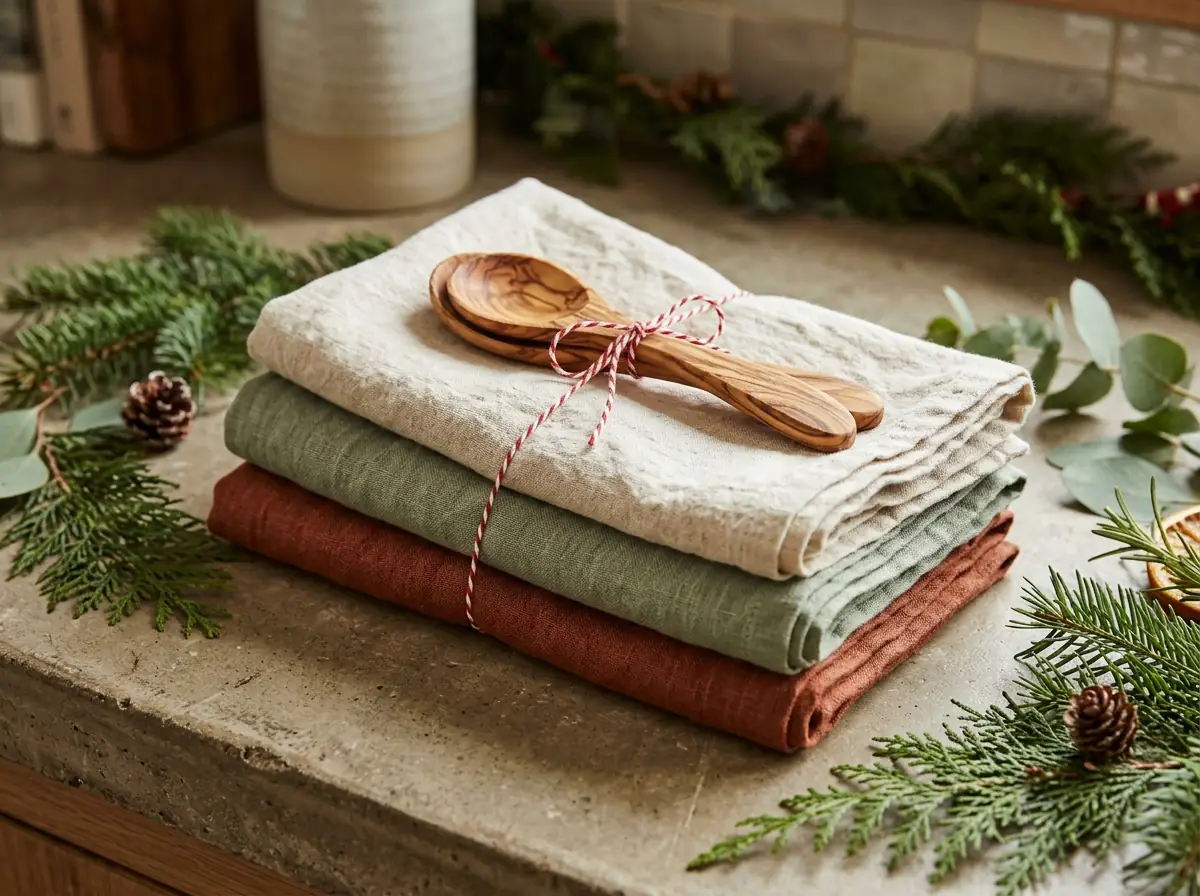 Stonewashed linen tea towels and olivewood spoons tied with twine