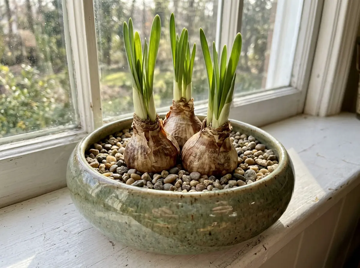 Paperwhite bulbs sprouting in a glazed ceramic bowl