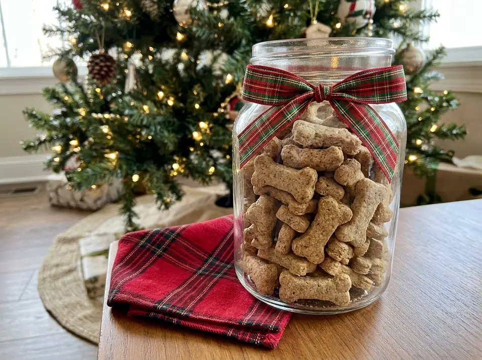 Glass jar of dog treats with a red plaid bandana beside it