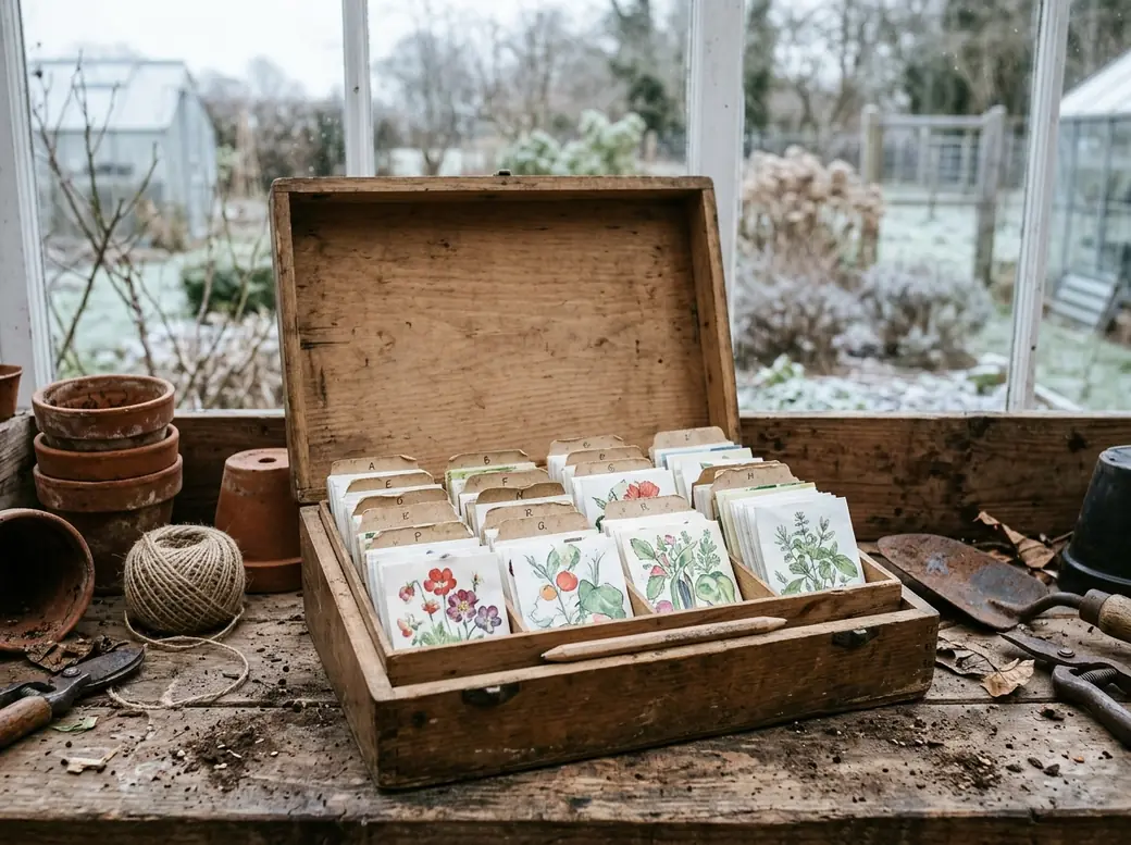 Wooden seed organiser box filled with illustrated seed packets