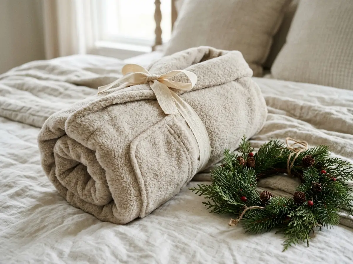 Folded oatmeal fleece robe tied with a ribbon