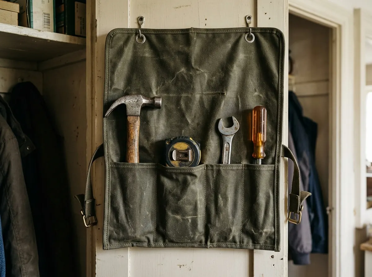Canvas tool roll with hammer, wrench and screwdriver in pockets