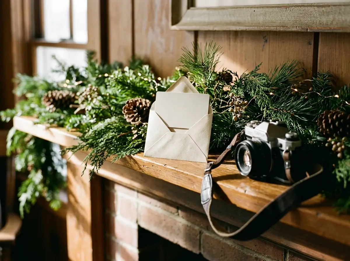 Blank gift card and envelope on a mantel with a camera beside them