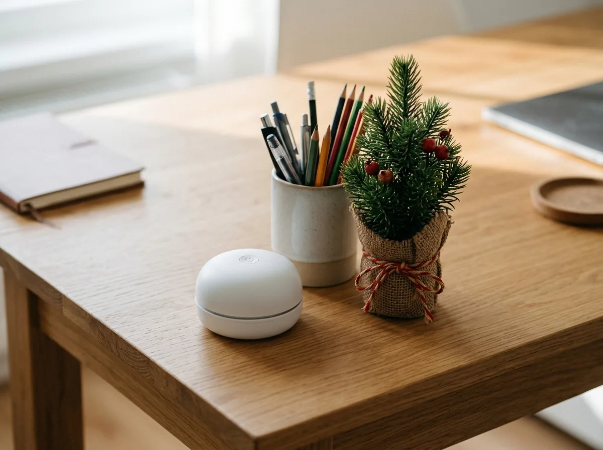 Mini desk vacuum sitting on a tidy festive desk