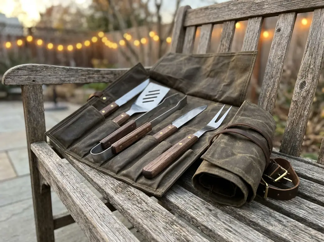 Barbecue tools rolled up in a waxed canvas case
