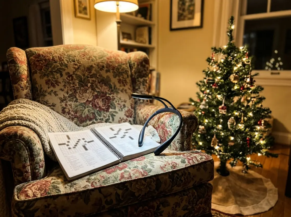 Large-print crossword book and neck reading light on an armchair