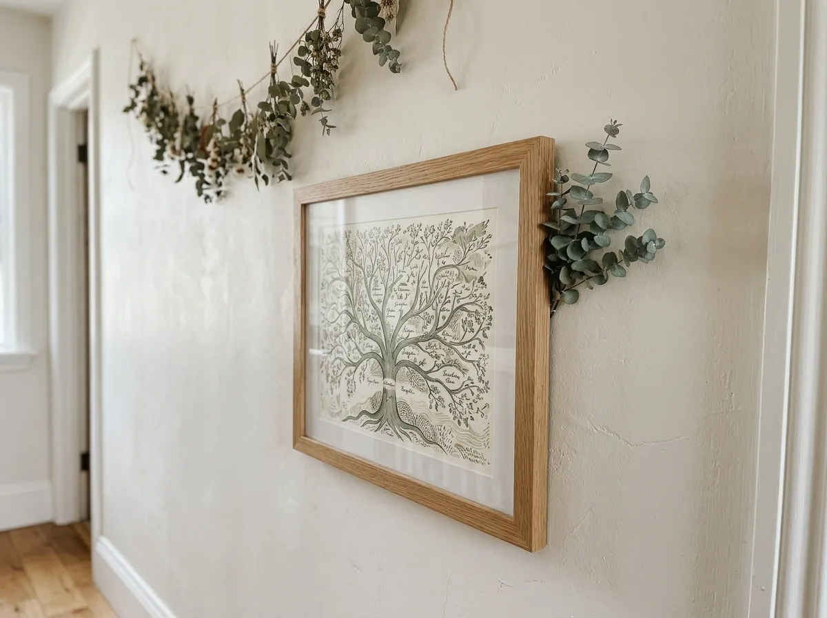 Framed family tree print hanging in a bright hallway