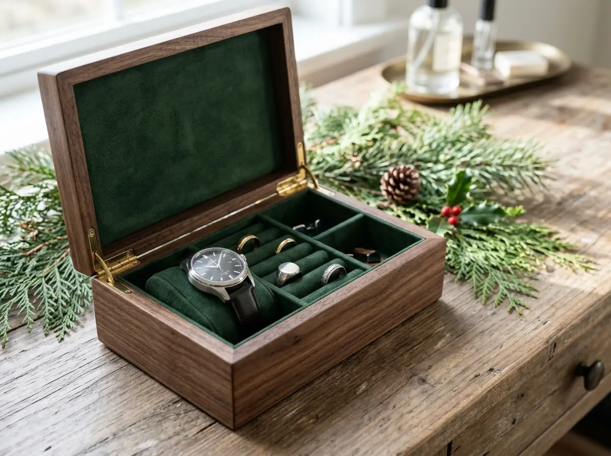 Walnut valet box holding a watch and rings on a dressing table