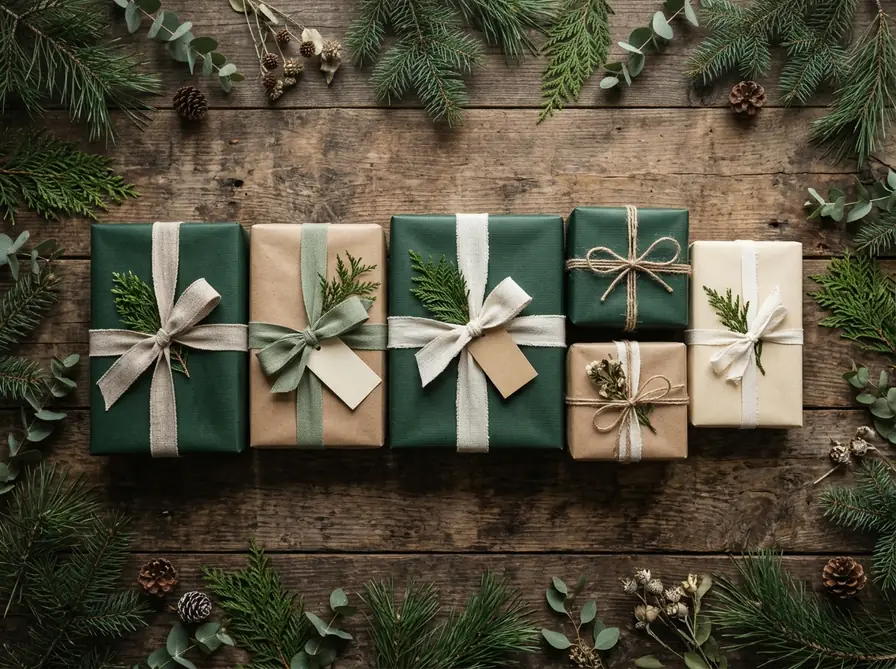 Wrapped Christmas gifts sorted into neat piles on a table