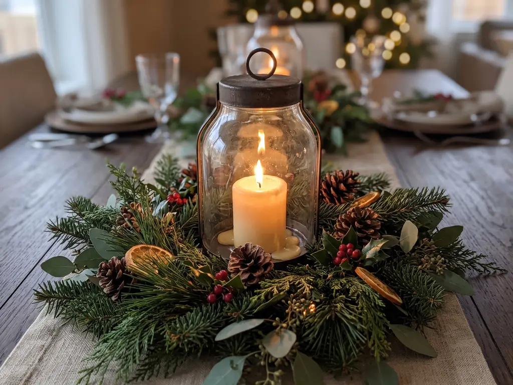 Glass lantern with a candle among Christmas table greenery