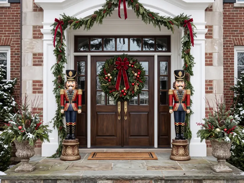 Grand double doors with a large wreath and tall nutcracker figures