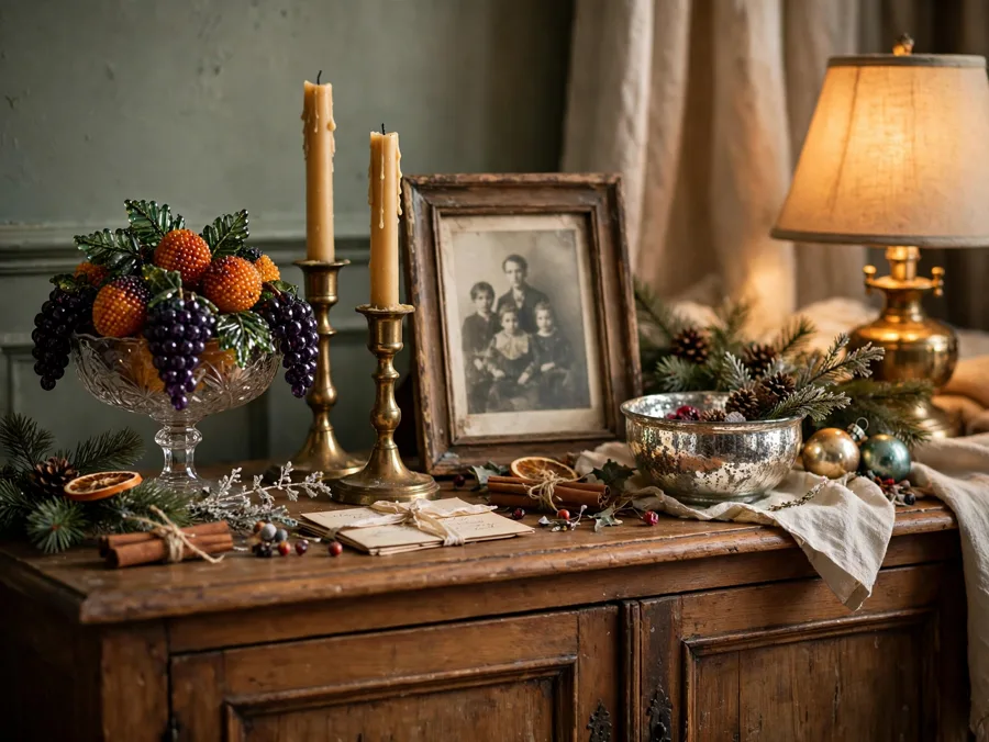 Vintage Christmas keepsakes on a sideboard