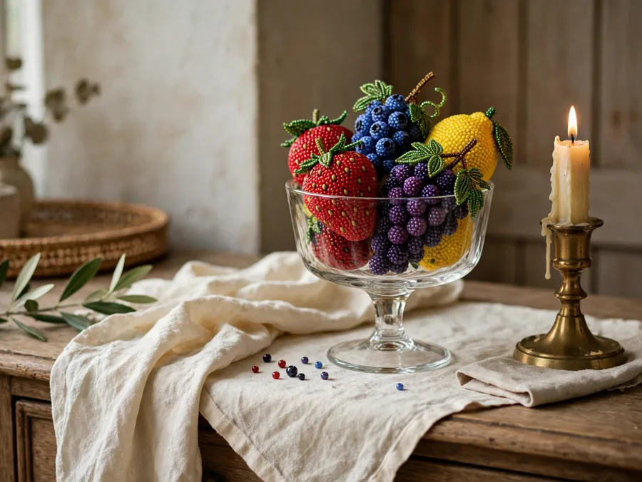 Beaded fruit in a glass compote on a sideboard
