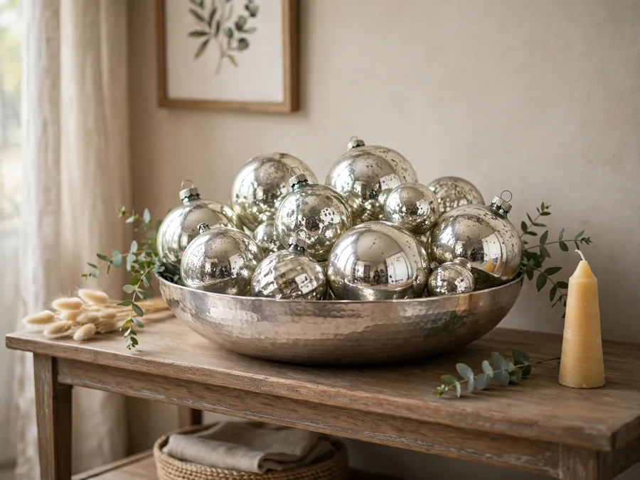 Mercury glass ornaments in a silver bowl