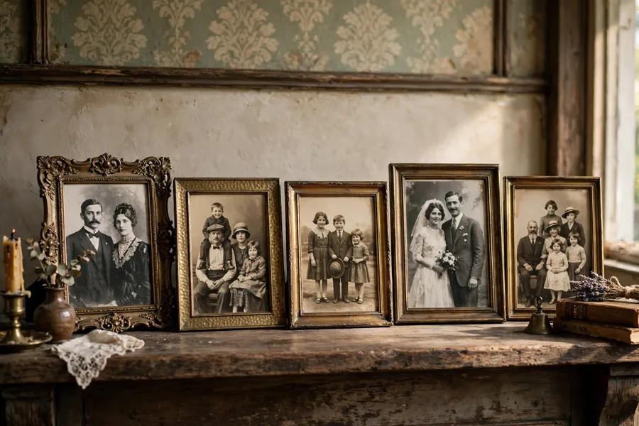 Vintage photographs in brass frames on a mantel