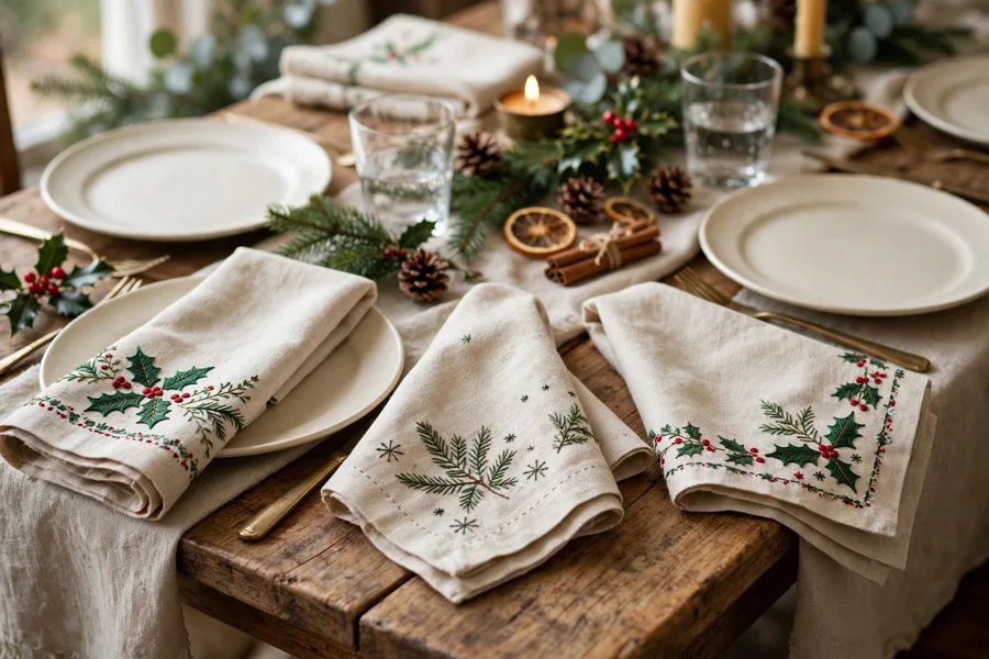 Hand embroidered linen napkins on a Christmas table