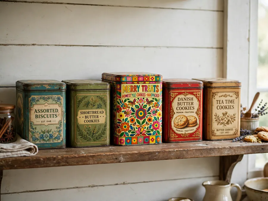 Vintage cookie tins lined up on a kitchen shelf