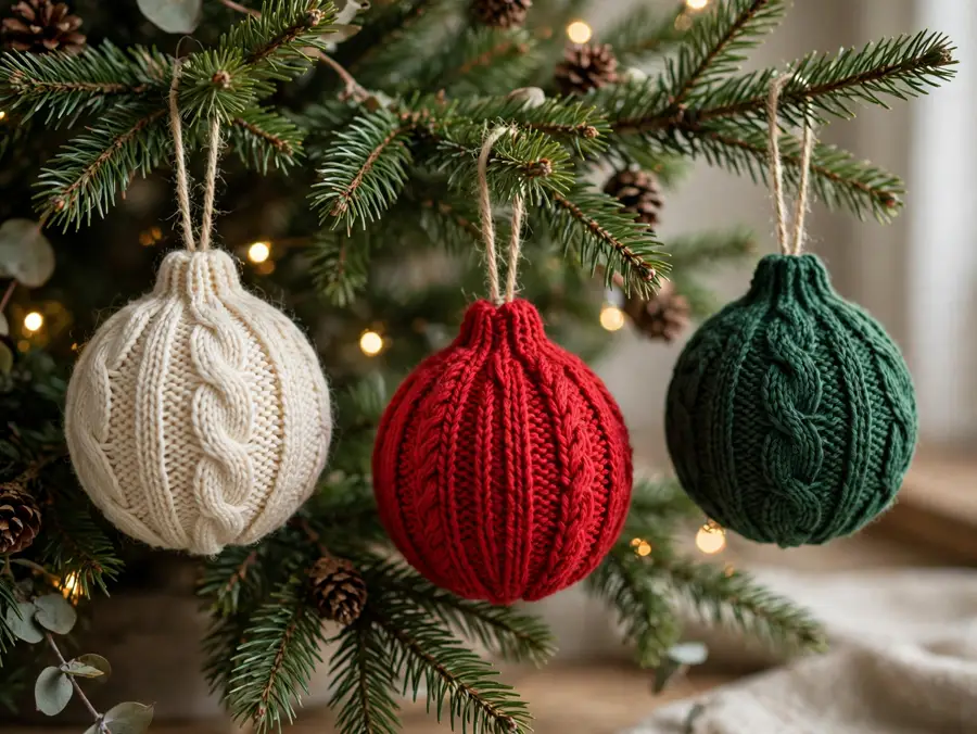 Knitted bauble covers on a Christmas tree