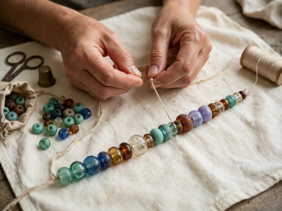 Restringing old glass beads on a cream towel