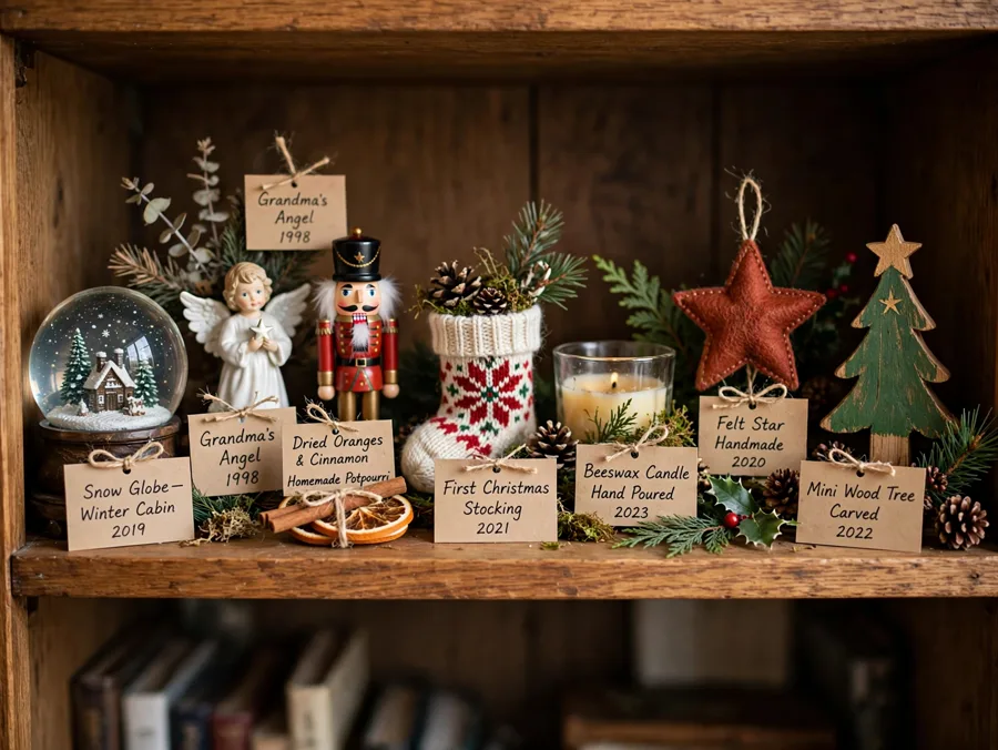 A shelf of Christmas keepsakes with handwritten labels