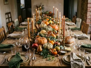 Candlelit Thanksgiving table decorated with pumpkins, squash, apples and pears