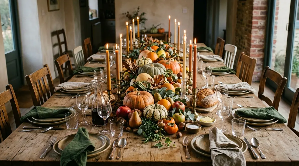 Candlelit Thanksgiving table decorated with pumpkins, squash, apples and pears