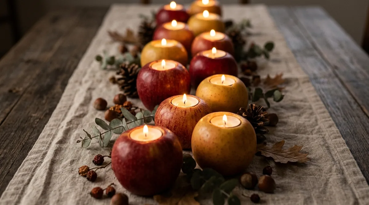 Apples used as votive holders with tea lights on a Thanksgiving table