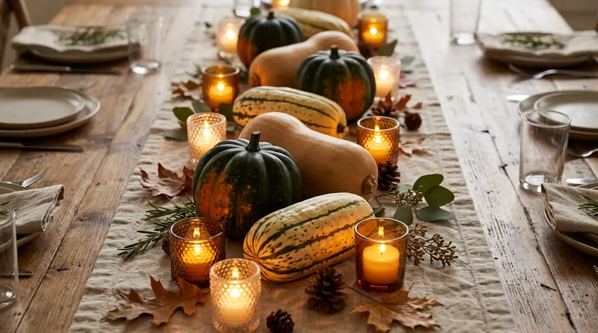 Squash trio repeated down the centre of a Thanksgiving table with votives
