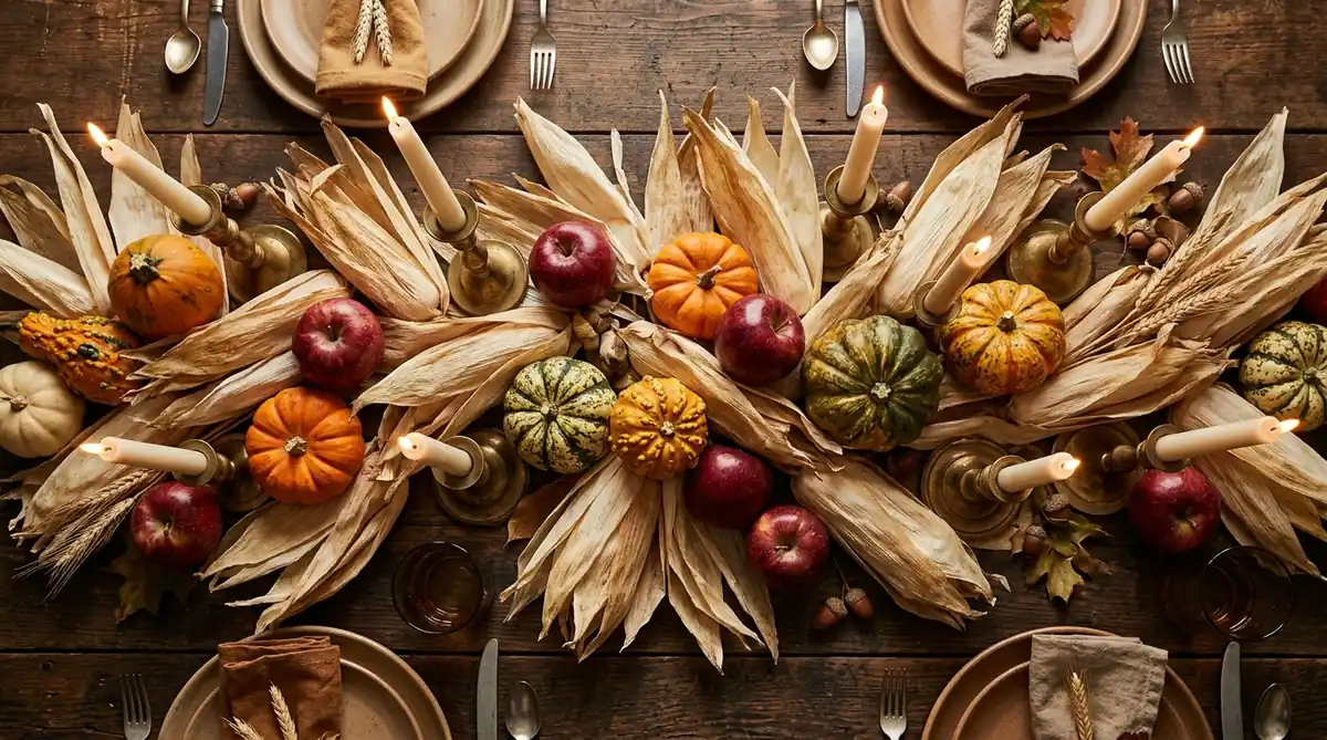 Corn-husk runner with squash, apples and candlesticks on a fall harvest tablescape