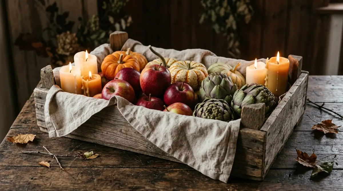 Candlelit produce crate filled with apples, mini pumpkins and artichokes
