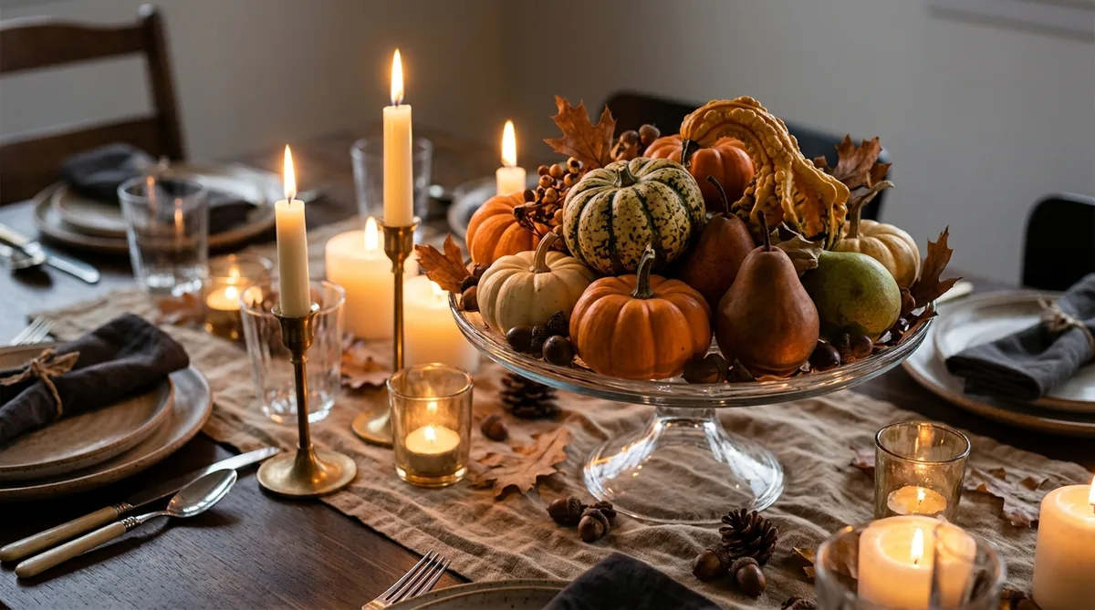 Cake stand filled with mini pumpkins, gourds and pears as a raised centrepiece
