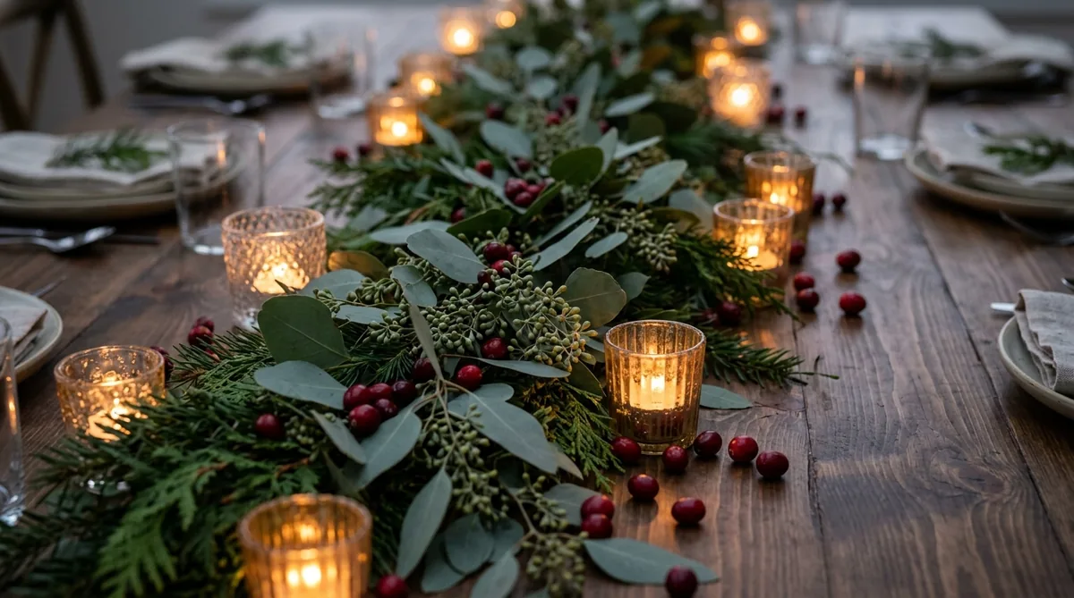 Cranberry and candle garland with greenery down a Thanksgiving table