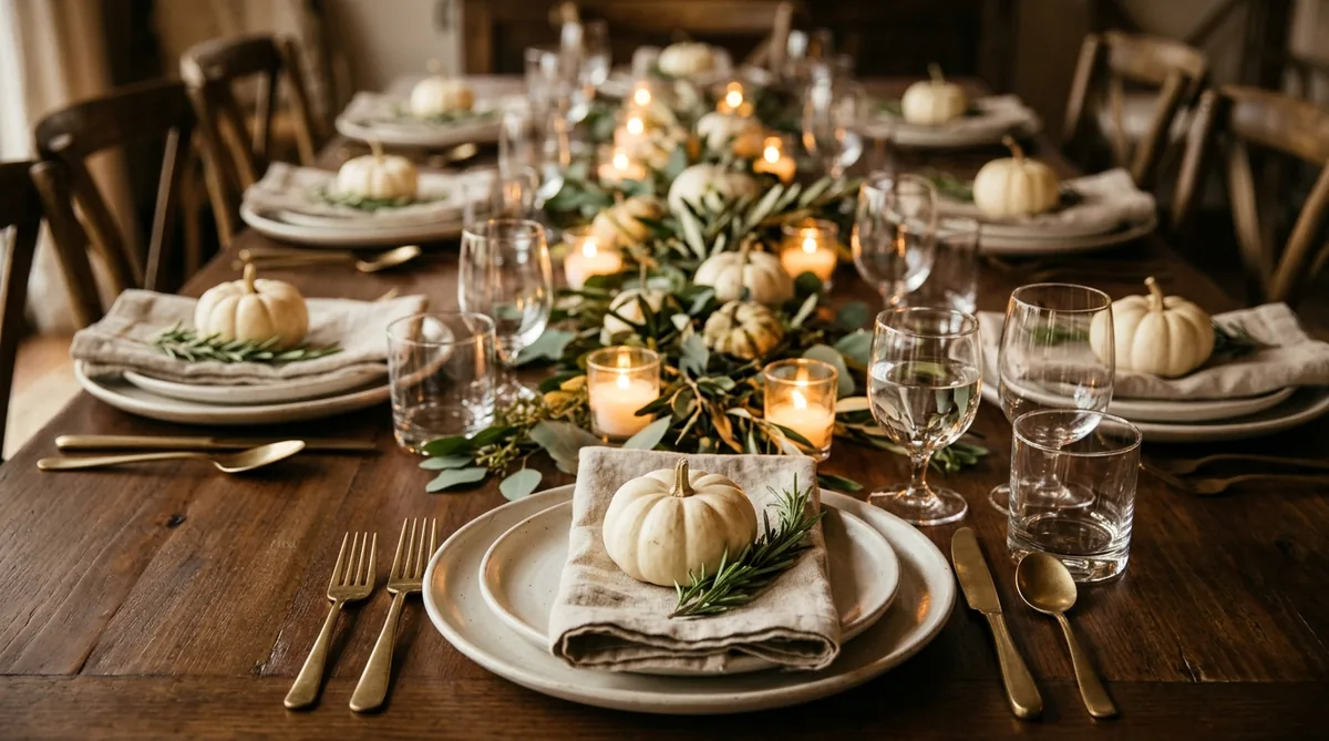 Mini pumpkin on every plate with rosemary and votives down the table centre