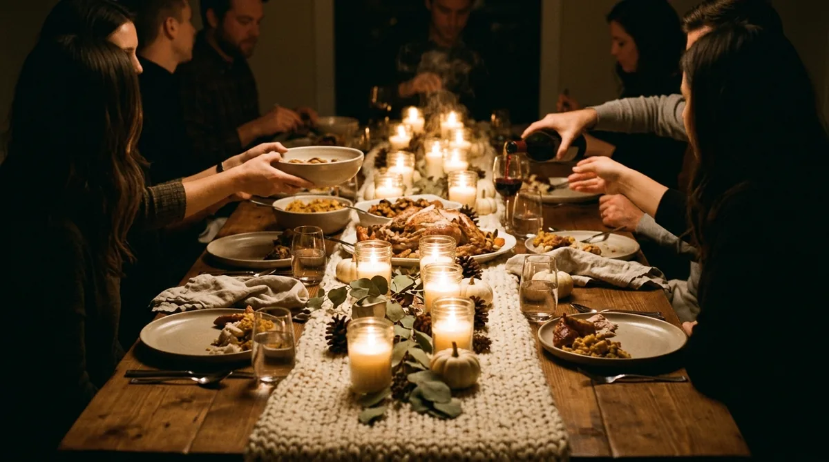 Candlelit hygge Thanksgiving table with a chunky knit runner and jars of glowing candles