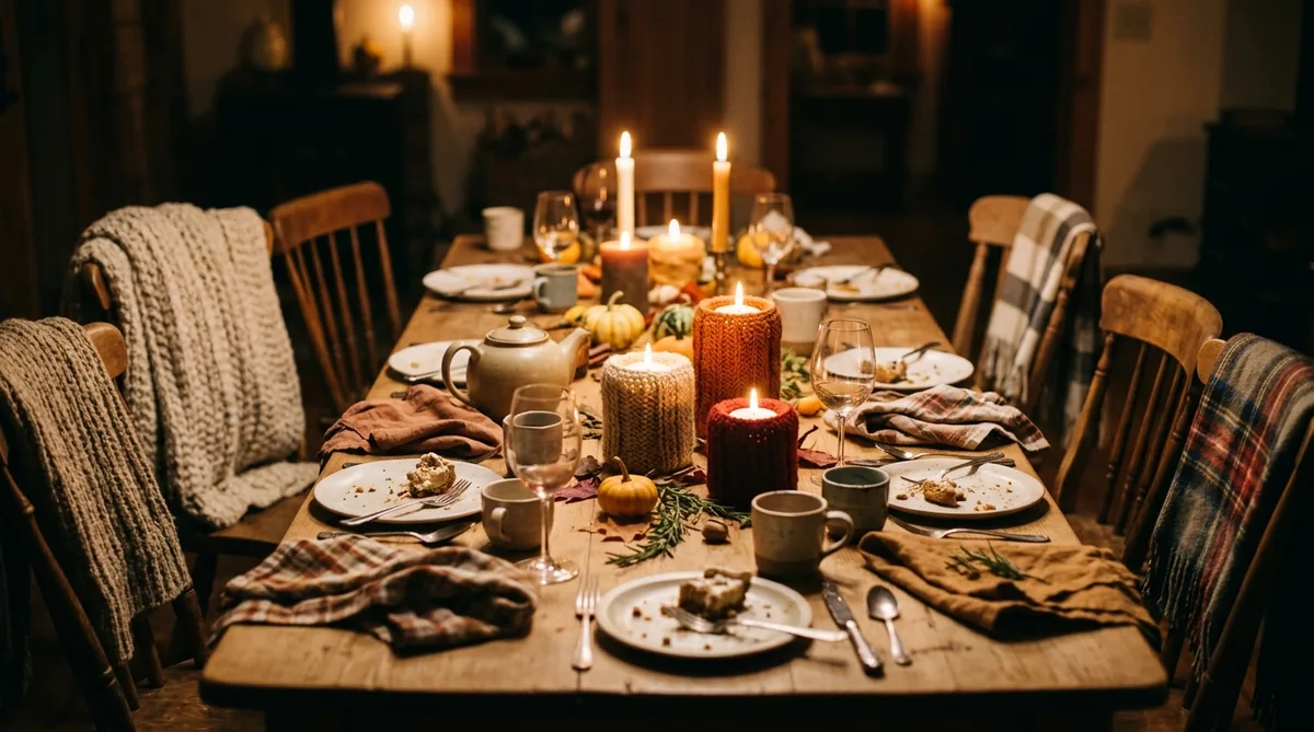 Tea served by candlelight at the end of a slow hygge Thanksgiving meal