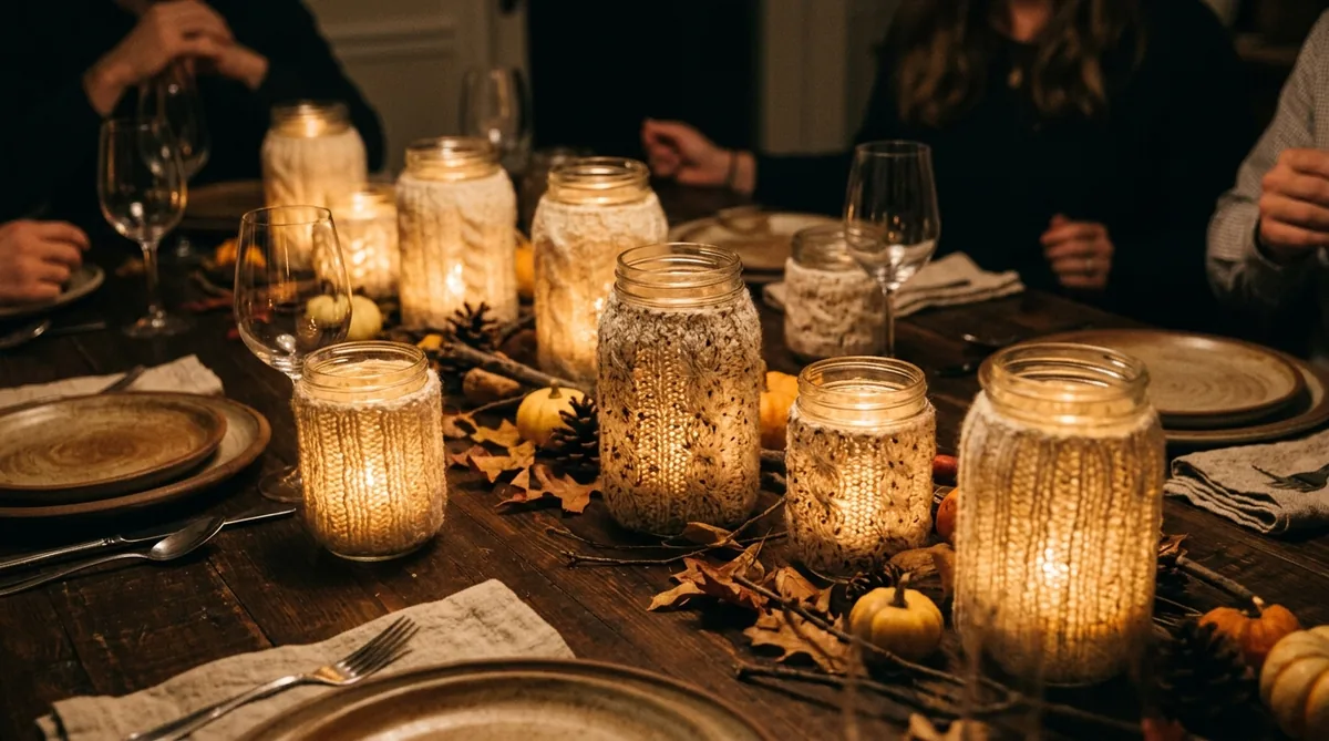 Candle jars in knitted cosies glowing through the stitches on a hygge table