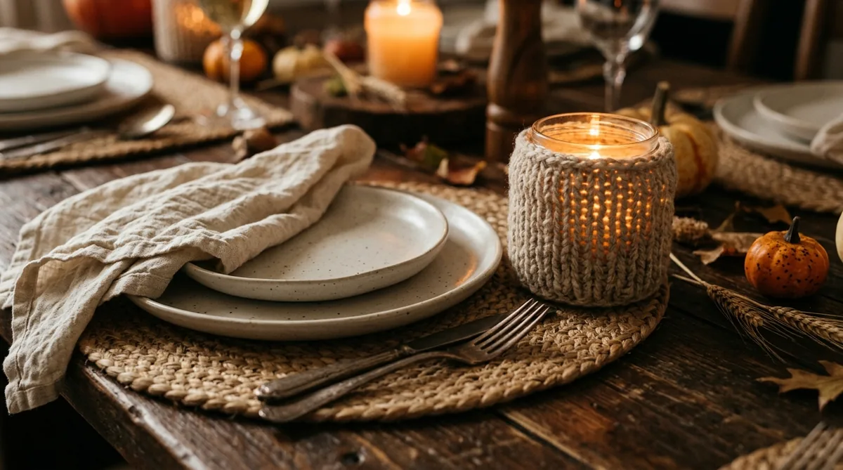 Woven placemat and soft linen napkin beside a candle jar wrapped in a knitted cosy