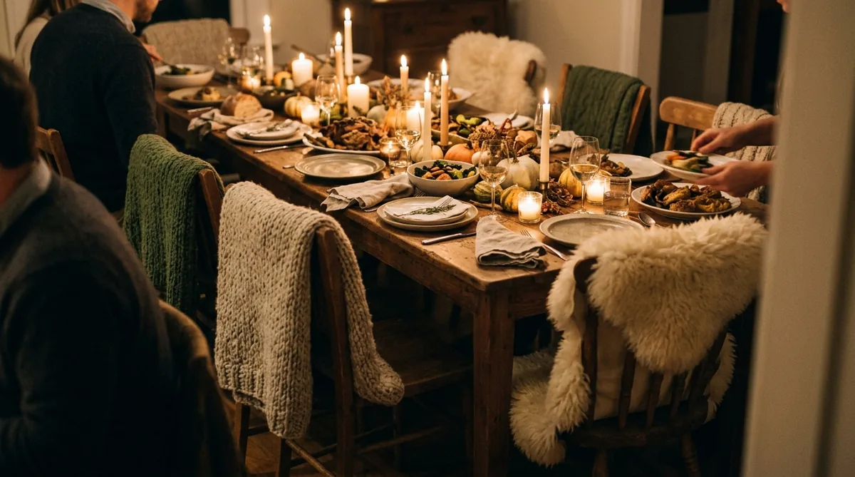 Chairs draped with wool throws and sheepskins around a softly lit Thanksgiving table