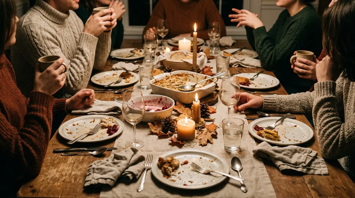 A candlelit table resting between courses, mugs in hand and dishes in the middle