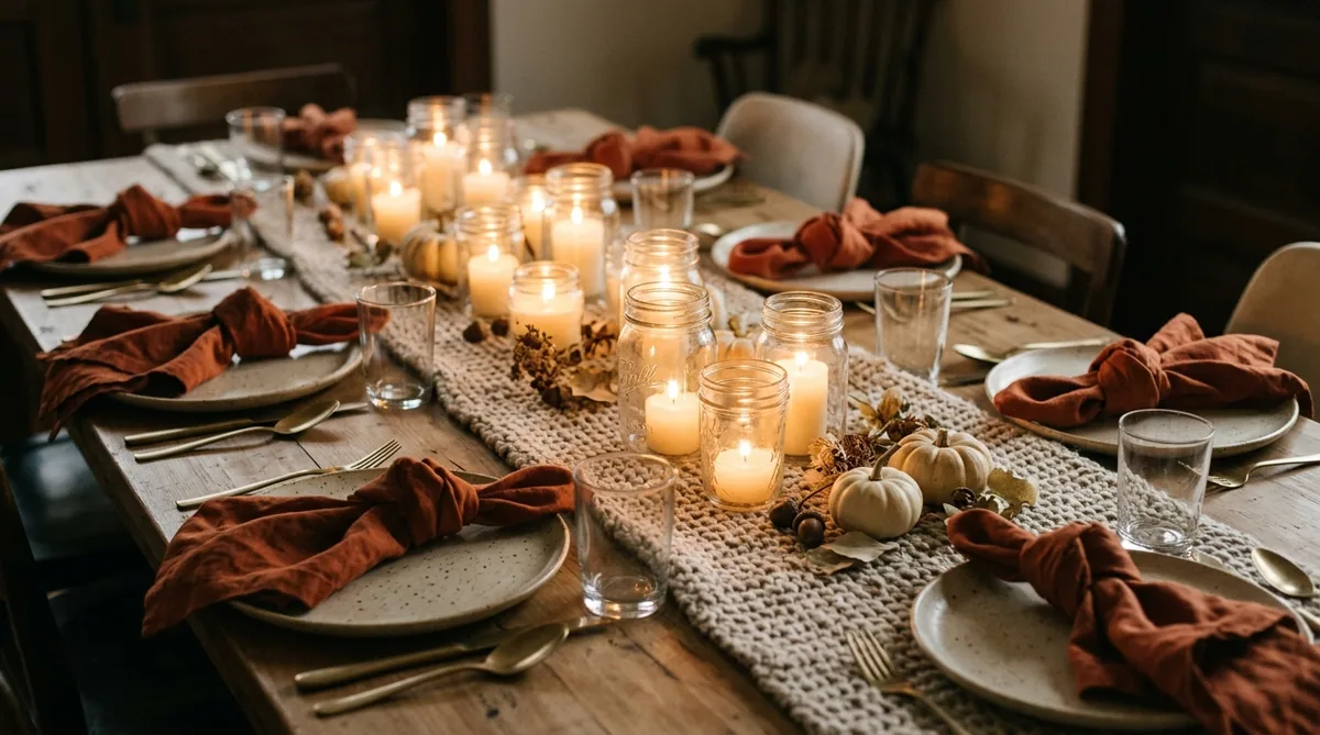 Neutral hygge table setting with a single warm rust accent among the soft tones
