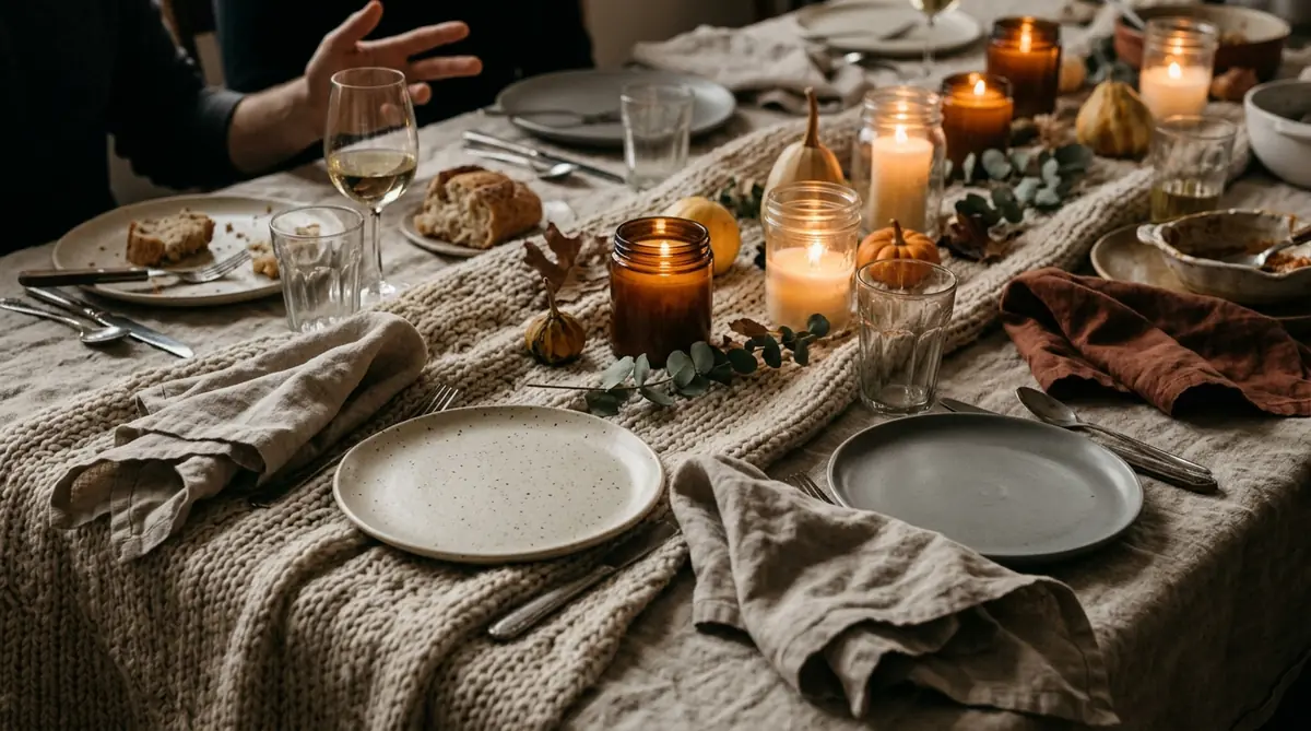 Loosely folded soft linen napkins on a relaxed candlelit Thanksgiving table
