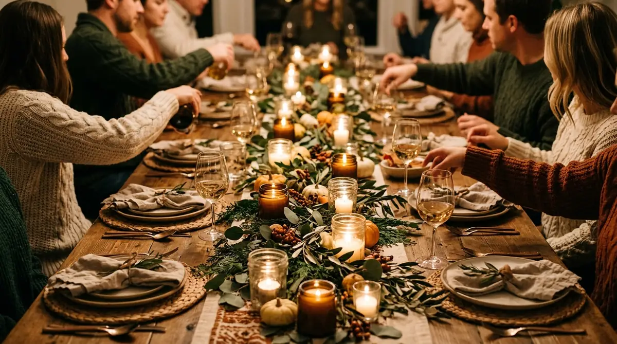 Low and wide candle arrangement keeping the view across the table clear