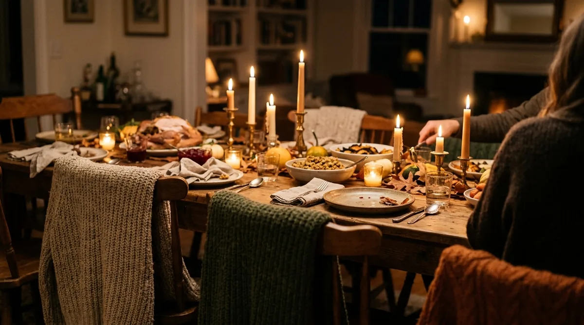 A quiet, screen-free candlelit table with knit throws over the chairs