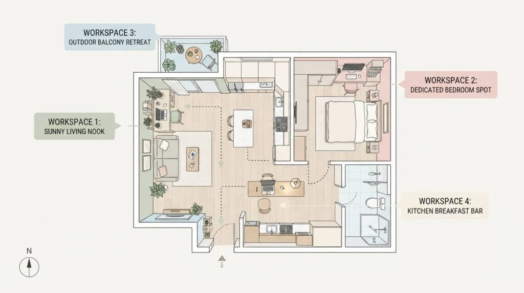 Illustrated floor plan showing four possible home office locations.