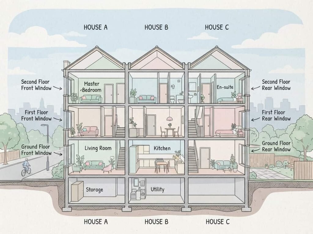 Architectural illustration showing a cross-section view of a terrace row, three narrow houses sharing side walls, labelled front and rear windows, clean line-art style with soft pastel colours.