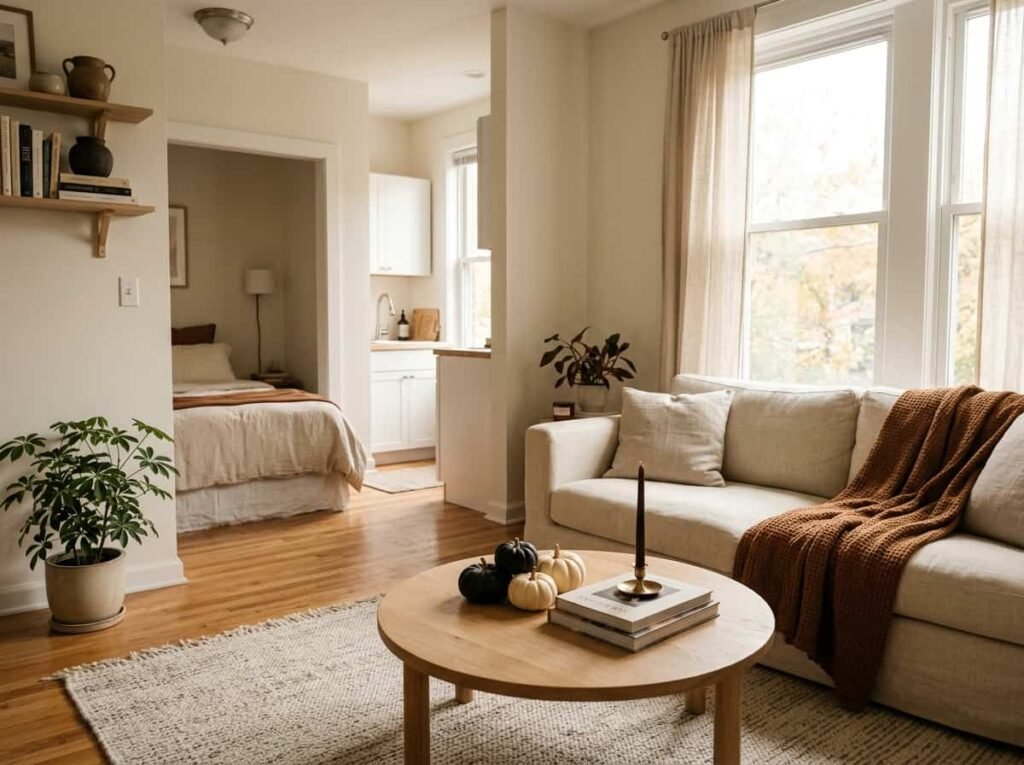 Minimalist small apartment living area with simple Halloween decor in black, cream, and rust tones
