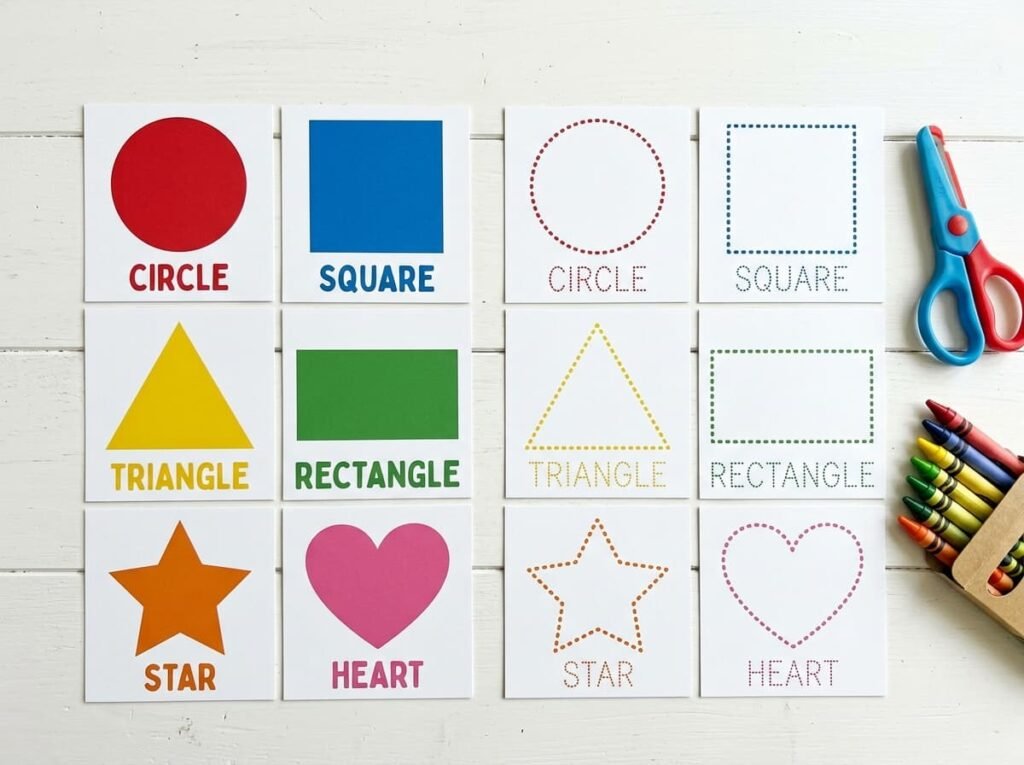 Flat lay of free shape matching printable cards and mats with scissors and crayons