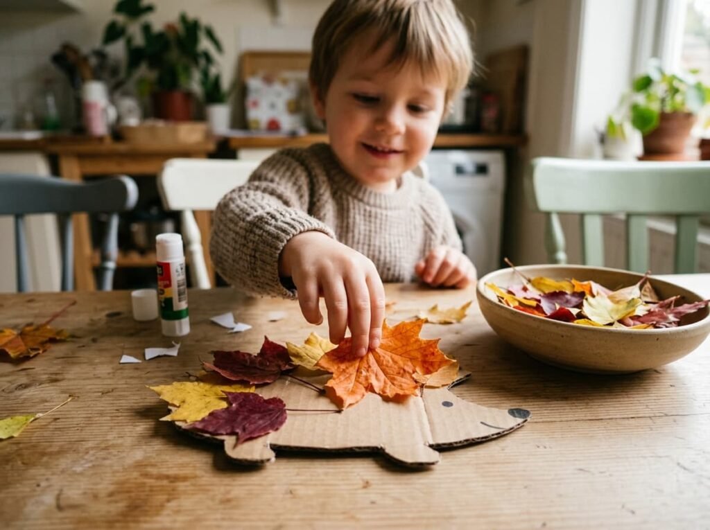 Preschooler gluing a real autumn leaf onto a cardboard hedgehog craft