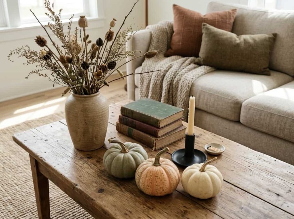 Coffee table styled with muted Halloween decor in rust, cream and charcoal tones.